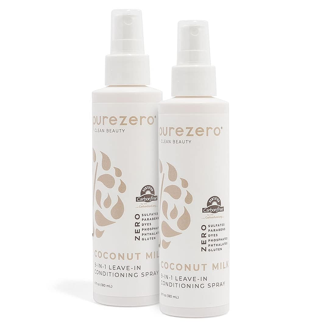 Purezero 9-in-1 Coconut Milk - Leave-In Conditioning Spray - Intense Hydration & Increase Shine, Fight Dandruff & Frizz, Zero Sulfates, Parabens, Dyes (6 oz (2 Pack))